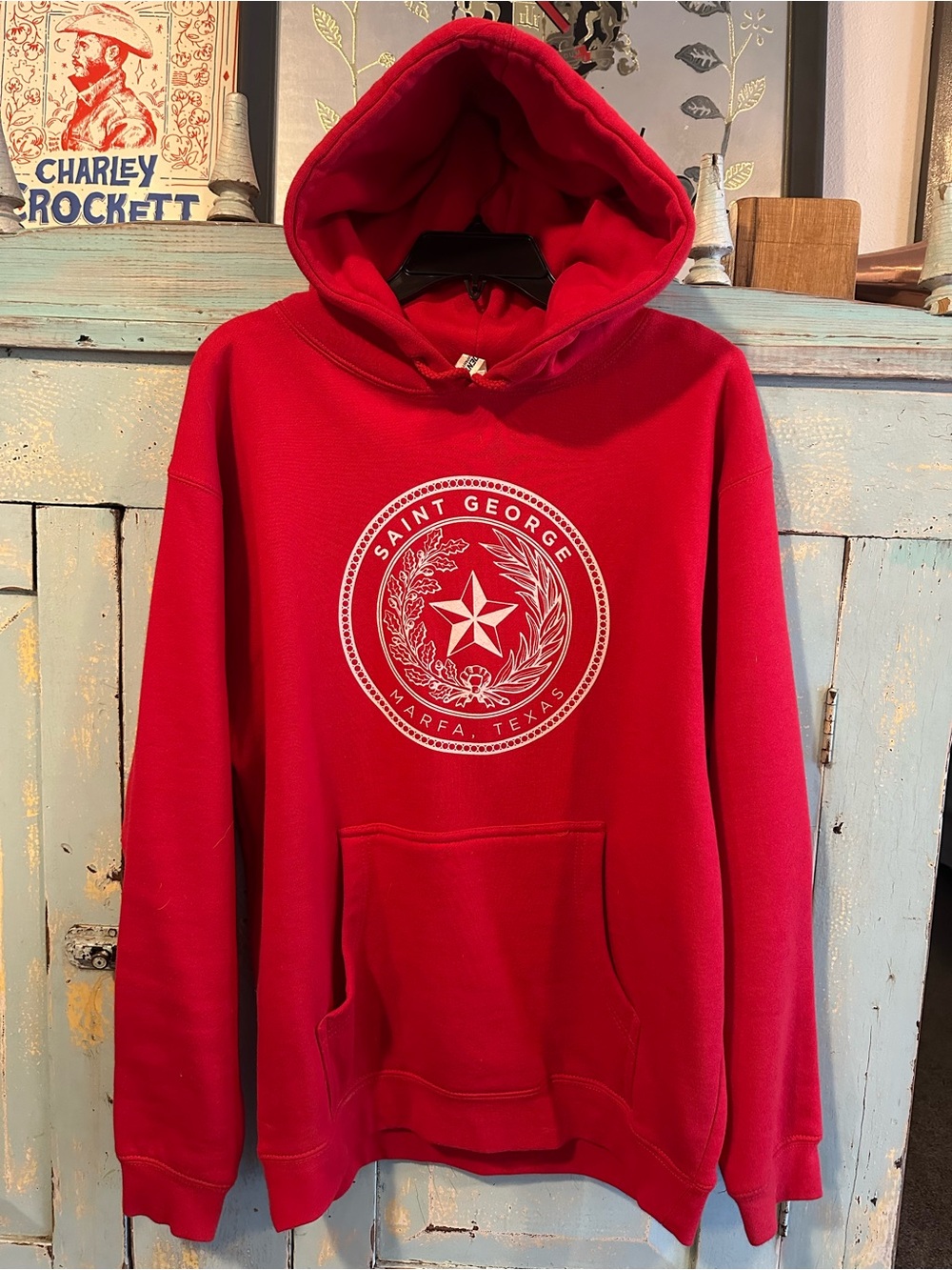 Saint George Hotel Red Hooded Sweatshirt - Marfa, Texas Graphic - Picture 1 of 5